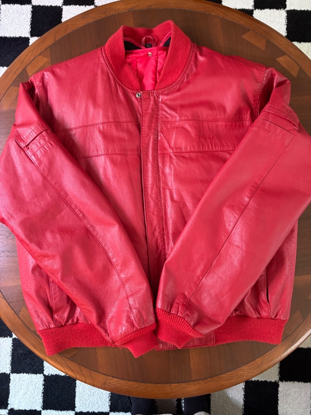 Vintage 80s TOYOTA Red Leather Bomber Racing Jacket Mens L